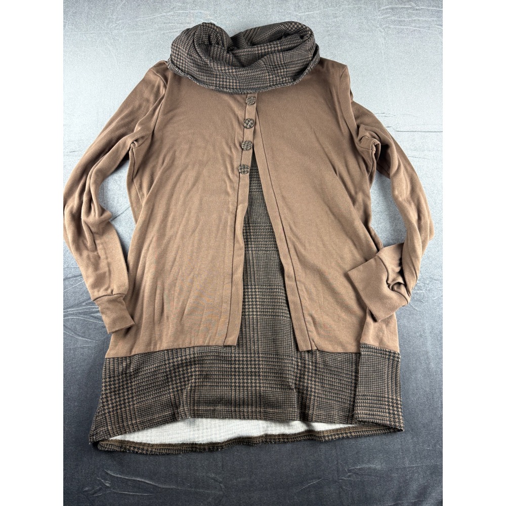 Valolia Brown Glen Plaid Cowl Neck Layered Tunic XL Long Sleeve Button Detail